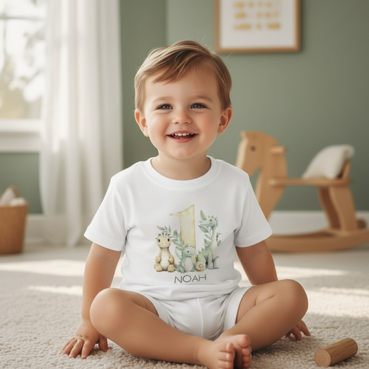 Personalised Dinosaur Birthday Number T-Shirt – Custom Name & Age