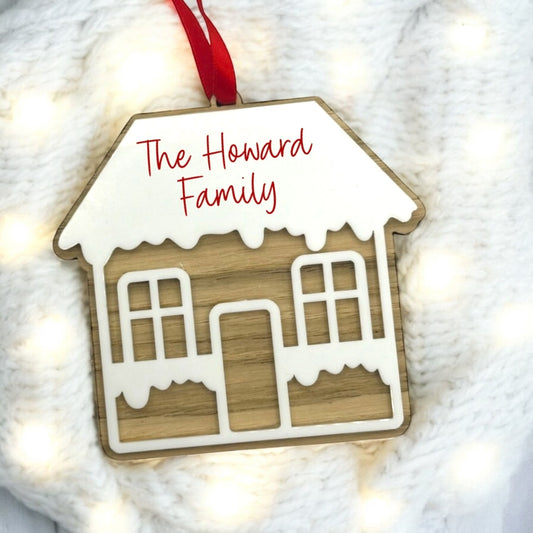 Custom Acrylic & Oak Veneer Gingerbread House Ornament – Personalised Name Decor