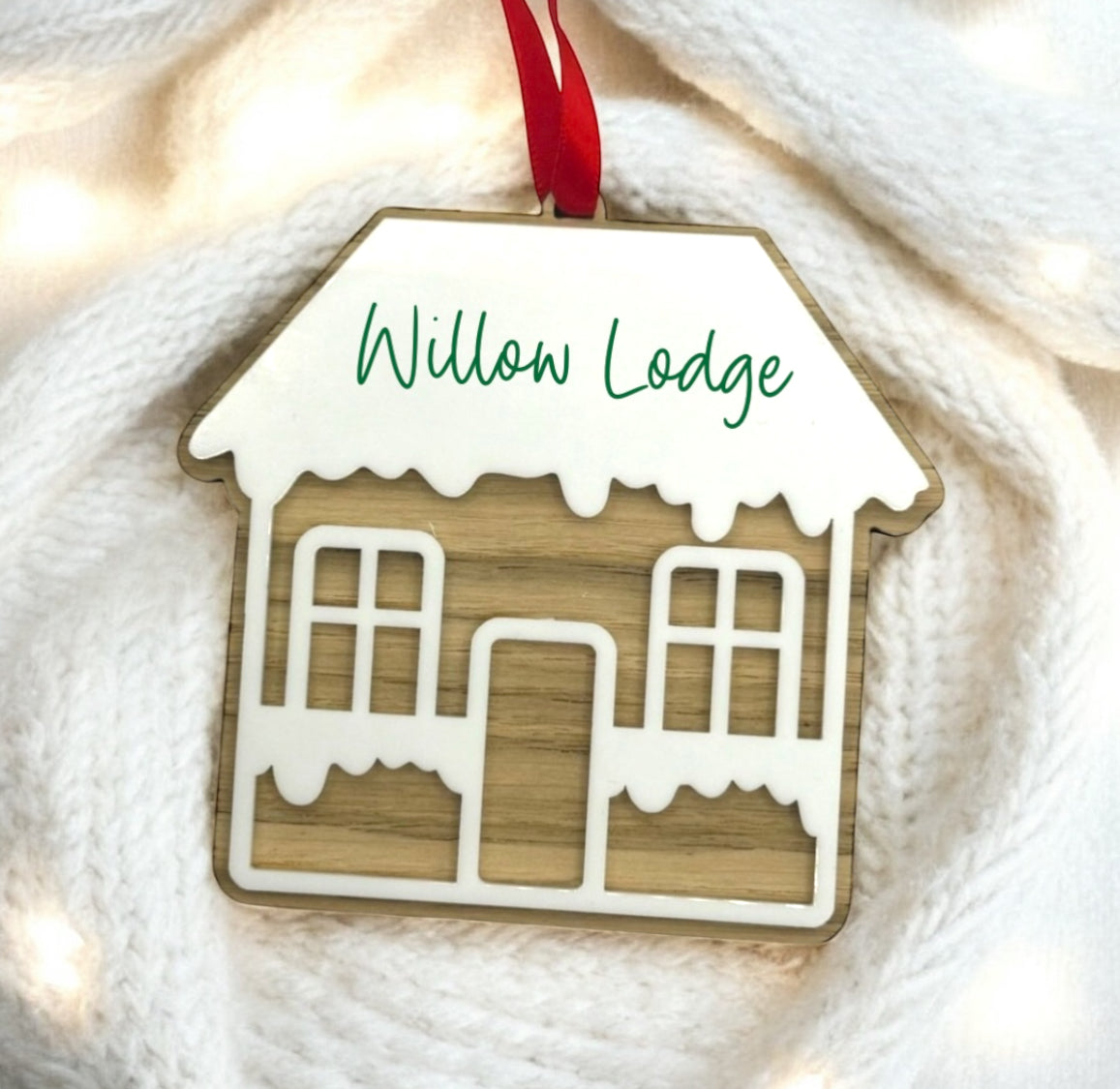 Custom Acrylic & Oak Veneer Gingerbread House Ornament – Personalised Name Decor