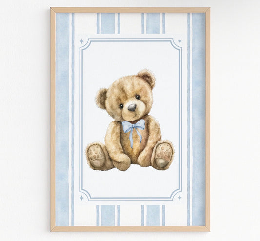 Blue Teddy Bear Nursery Wall Print | A3 Nursery Art Print