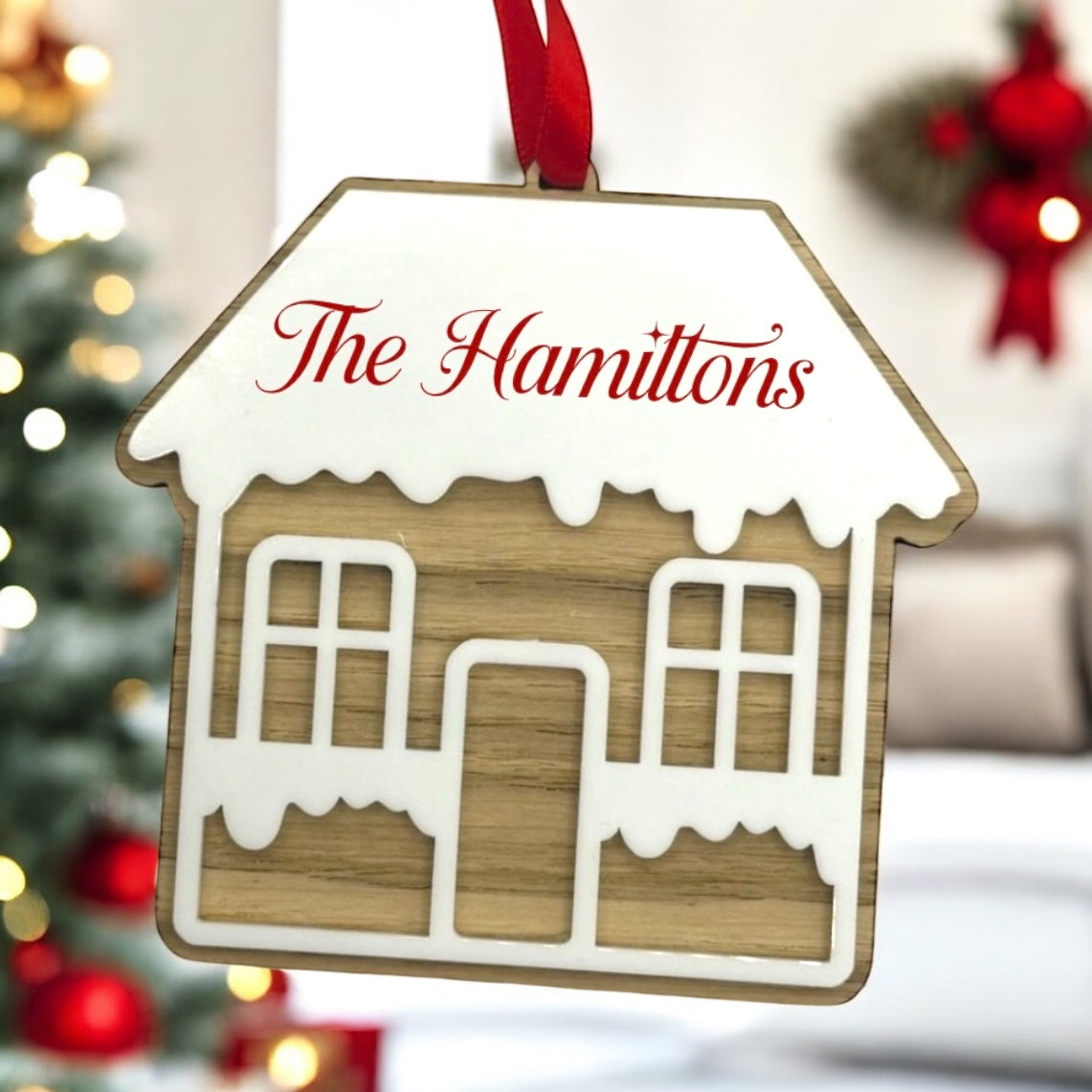 Custom Acrylic & Oak Veneer Gingerbread House Ornament – Personalised Name Decor