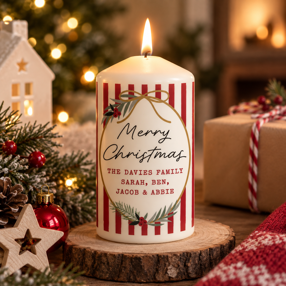 Personalised Candy Cane Stripe Christmas Candle