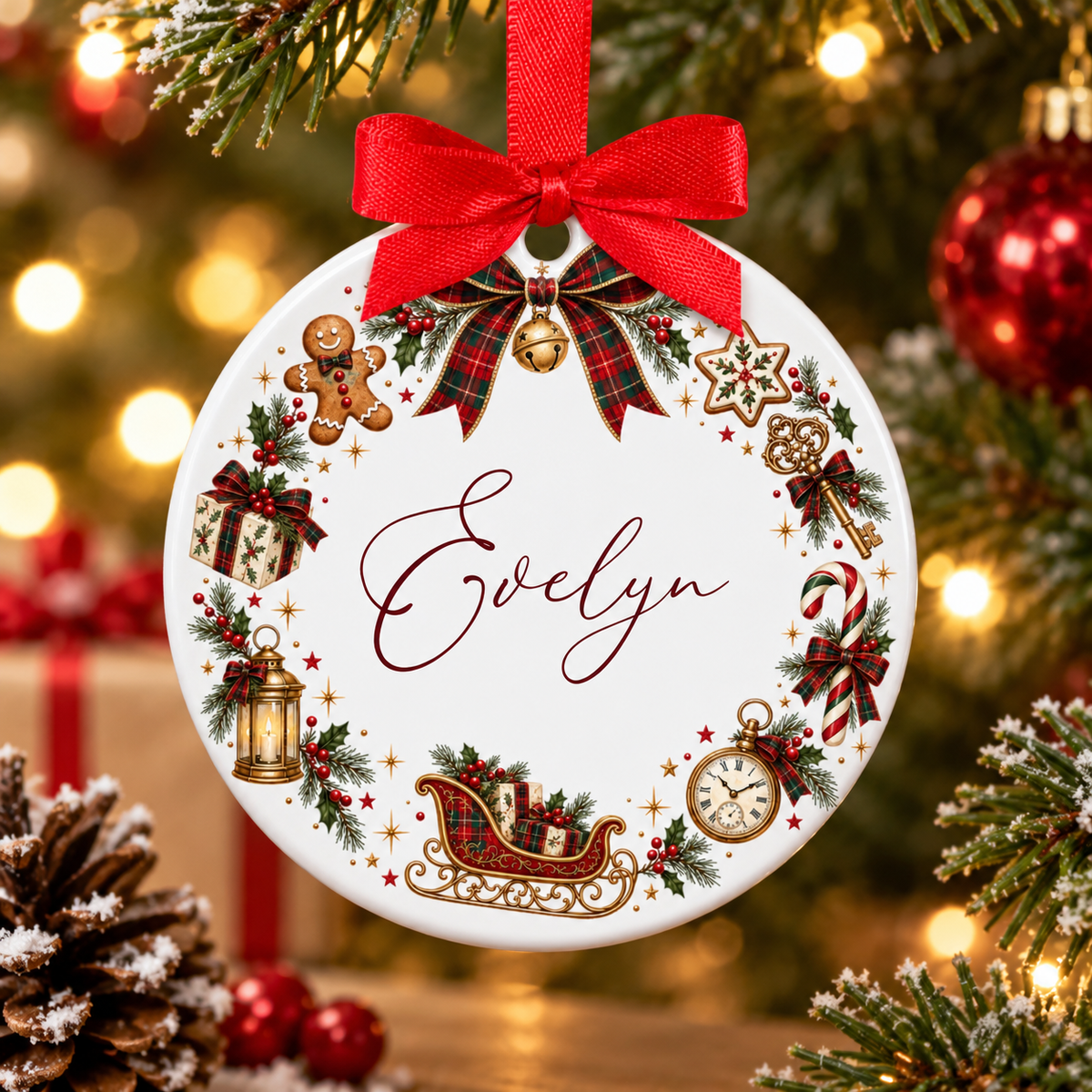 Personalised Traditional Christmas Wreath Ceramic Ornament