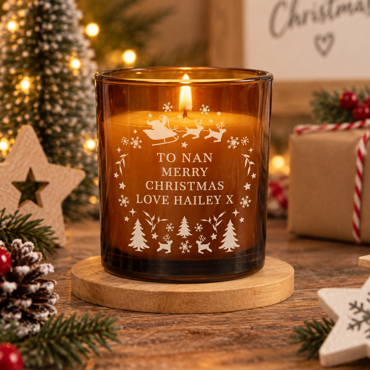 Personalised Christmas Amber Glass Candle