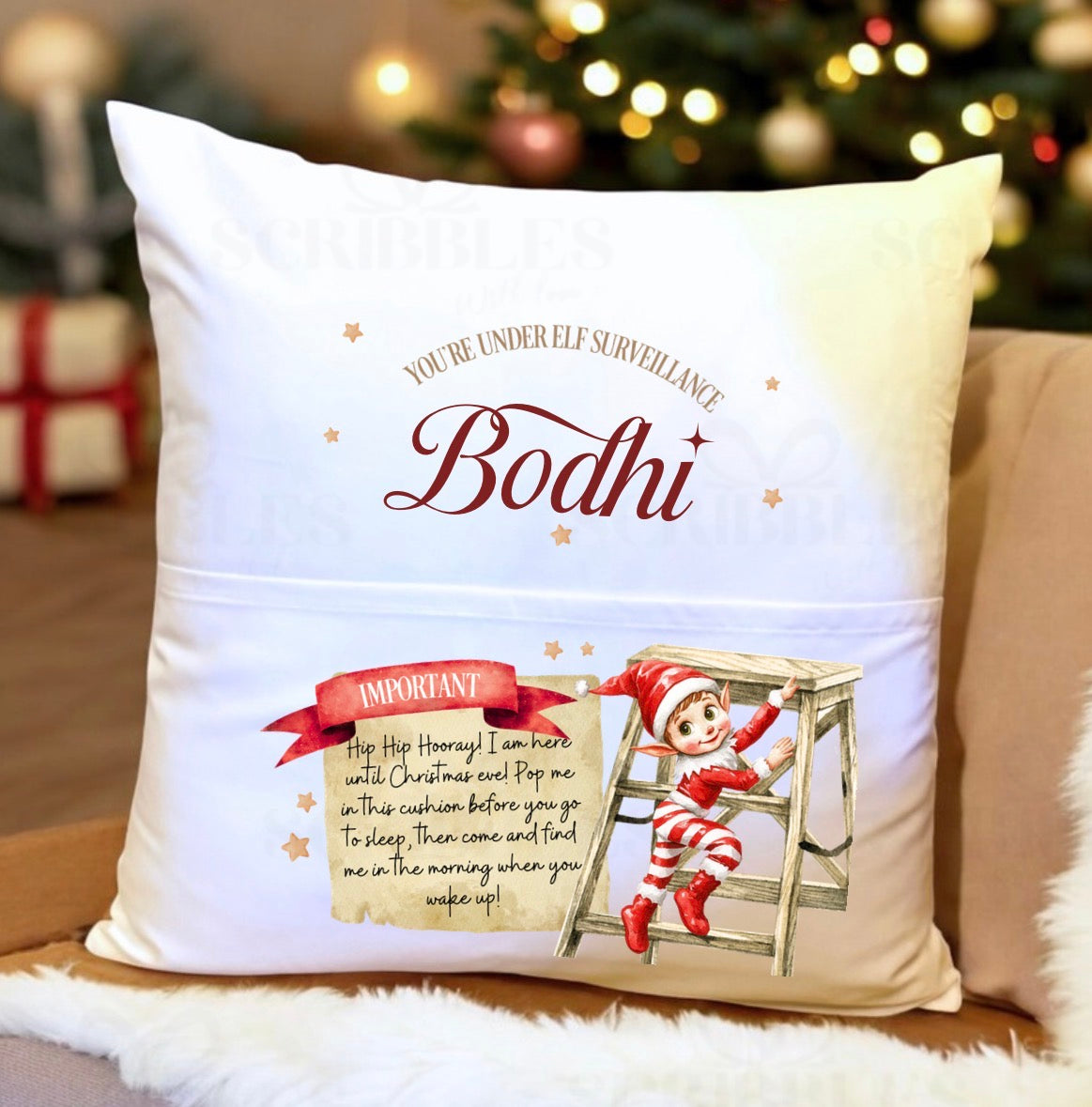 Personalised Elf Surveillance Christmas Eve Pocket Cushion