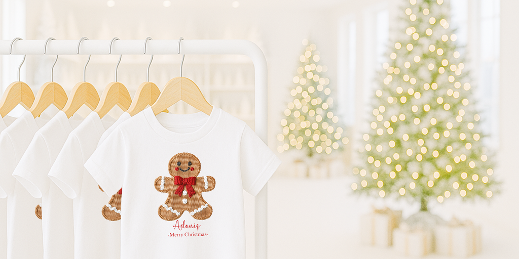 🎄 Personalised Gingerbread Christmas T-Shirt – Embroidery Effect Print 🎁
