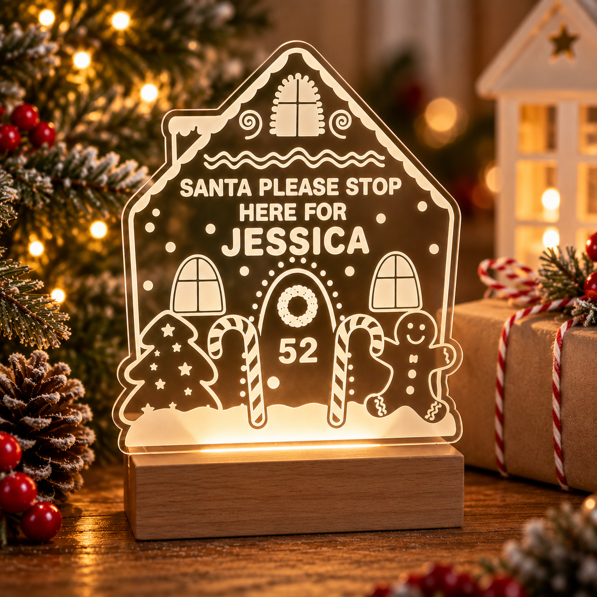 Personalised Santa Stop Here Gingerbread House LED Light