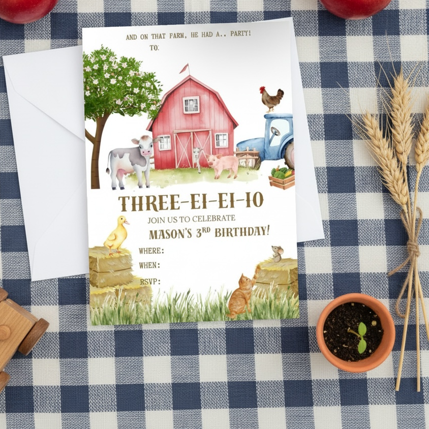 Personalised Three-EI-EI-O 3rd Birthday Invitations | Farmyard Theme