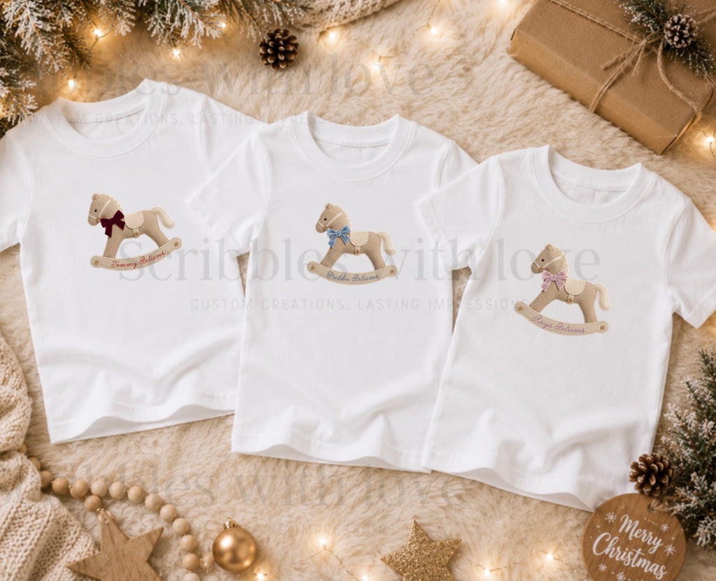 Personalised ‘Believes’ Rocking Horse Christmas T-Shirt