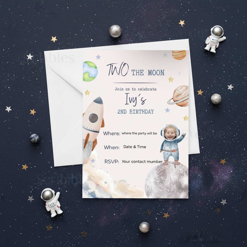 Personalised Two The Moon 2nd Birthday Invitations | Custom Face Upload