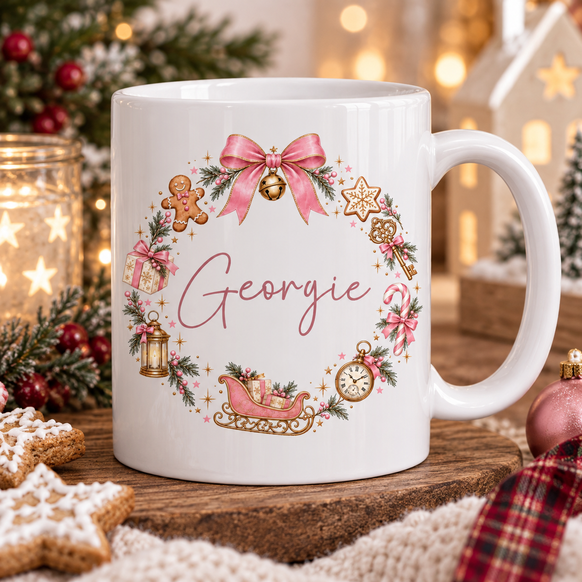 Personalised Pink Christmas Wreath Mug – 11oz