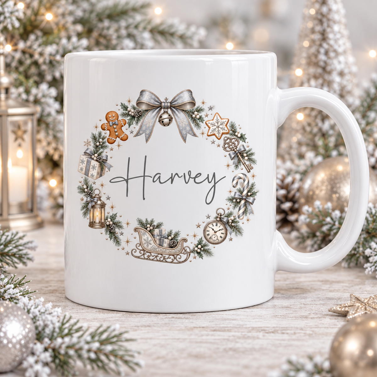 Personalised Silver Christmas Wreath Mug