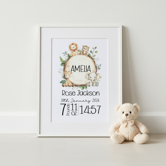 Personalised Safari Baby Name Print | Nursery Wall Art | New Baby Gift | Jungle Animals Birth Print