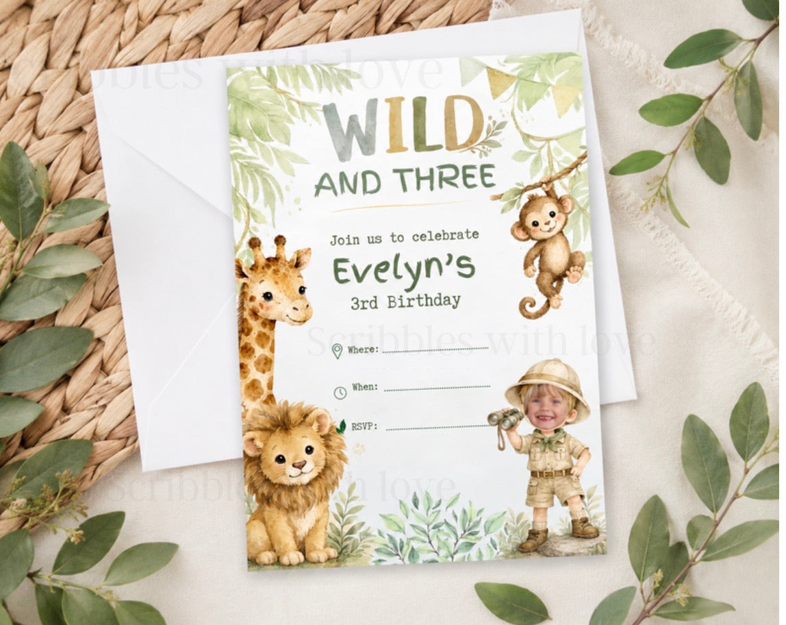 Personalised Wild & Three Birthday Invitations | Custom Face Upload