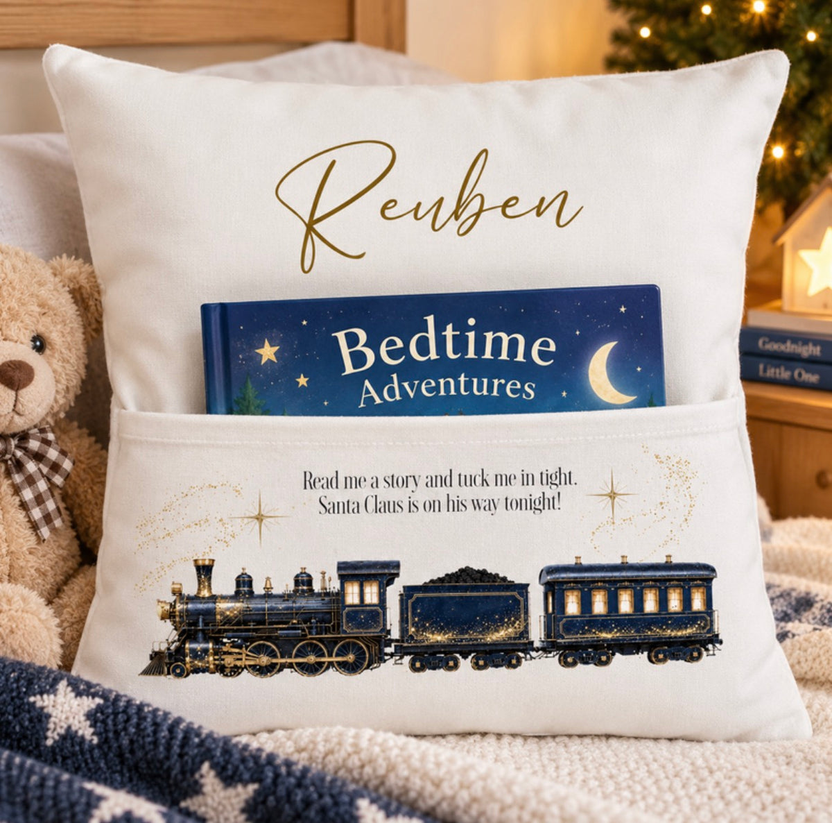 Personalised Christmas Eve Bedtime Story Cushion Cover – Christmas Train