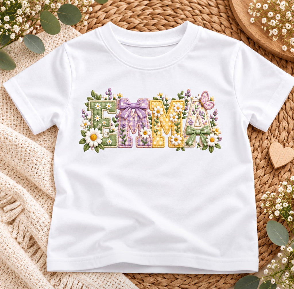 Personalised Girls' Floral Name T-Shirt | Embroidery Effect