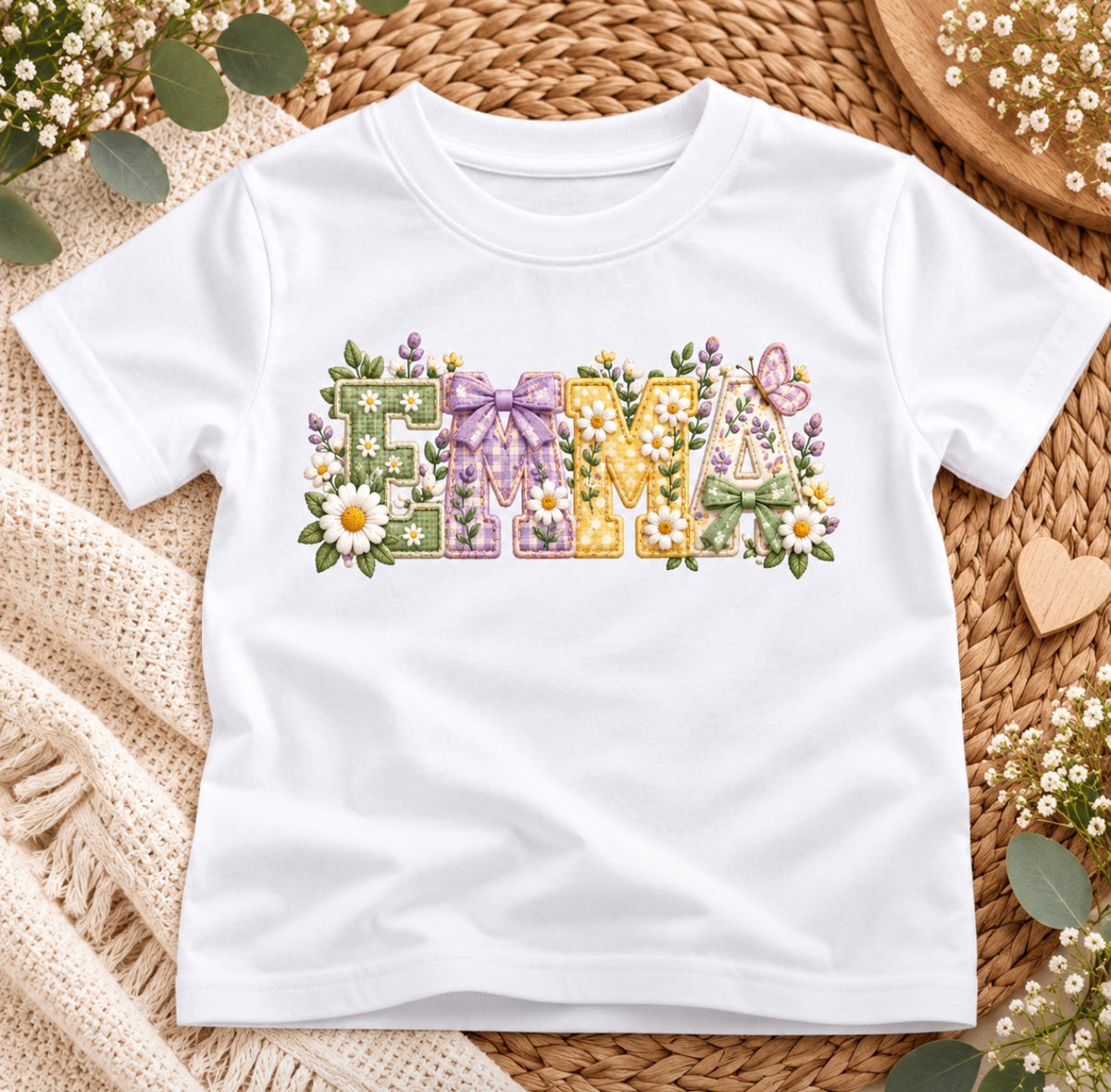 Personalised Girls' Floral Name T-Shirt | Embroidery Effect