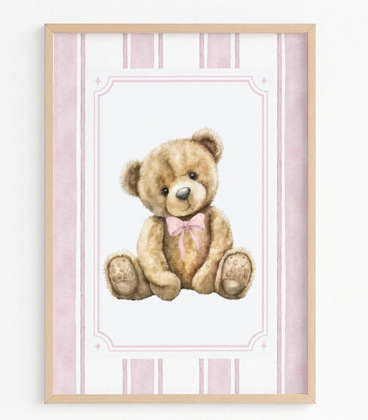 Pink Teddy Bear Nursery Wall Print | A3 Nursery Art Print