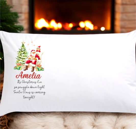 Personalised Christmas Eve Pillowcase – Santa & Tree Design – Custom Name, Standard Size Cushion Cover