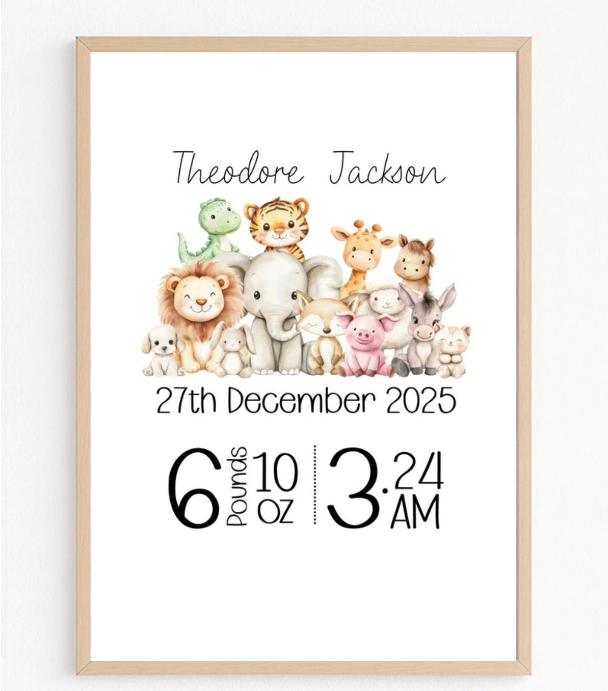 Personalised Safari Animal Birth Statistics Print | A3 Baby Keepsake Wall Art