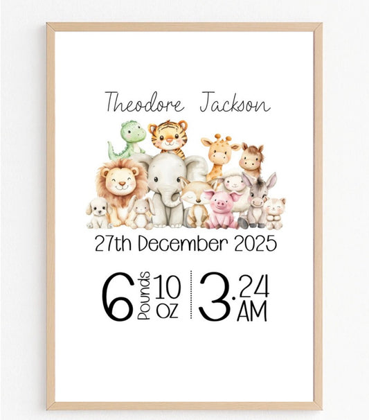Personalised Safari Animal Birth Statistics Print | A3 Baby Keepsake Wall Art
