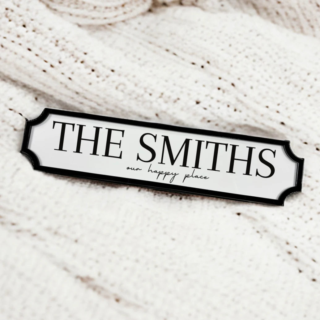 Personalised Acrylic Family Name Sign – Custom Surname Plaque “Our Happy Place” | Modern Home Décor, Housewarming Gift, Wedding Sign (35cm x 8cm)