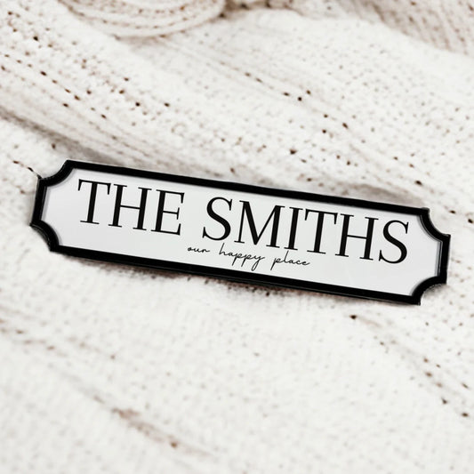 Personalised Acrylic Family Name Sign – Custom Surname Plaque “Our Happy Place” | Modern Home Décor, Housewarming Gift, Wedding Sign (35cm x 8cm)