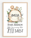 Personalised Safari Birth Statistics Wall Print | A3 Nursery Print