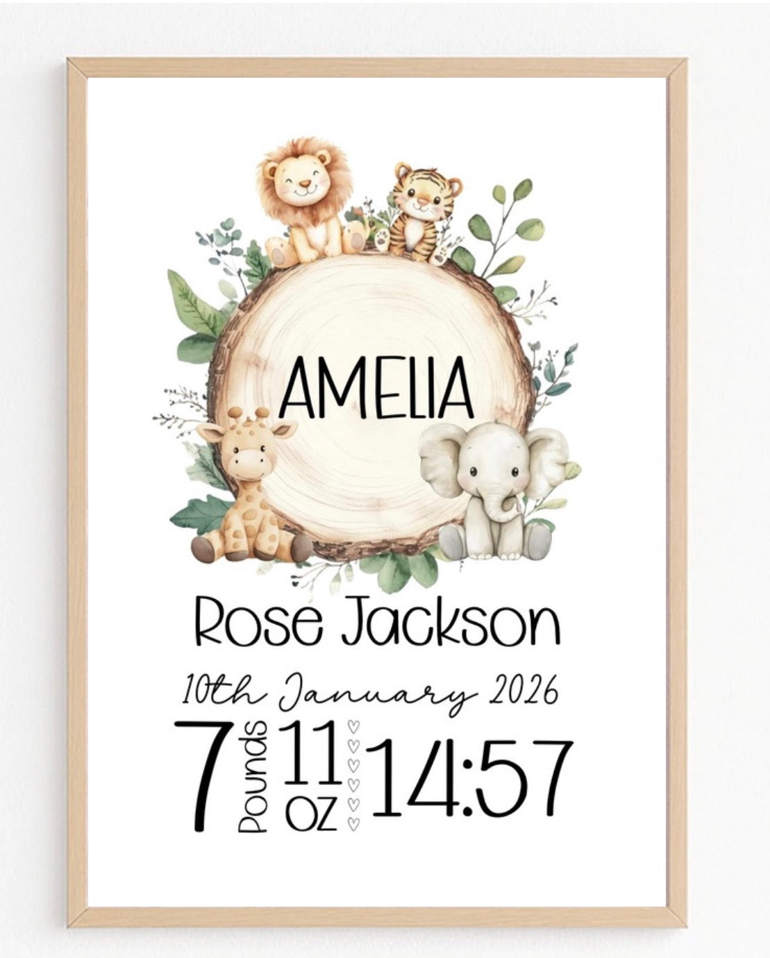 Personalised Safari Birth Statistics Wall Print | A3 Nursery Print