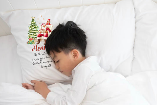 Personalised Christmas Eve Pillowcase – Santa & Tree Design – Custom Name, Standard Size Cushion Cover