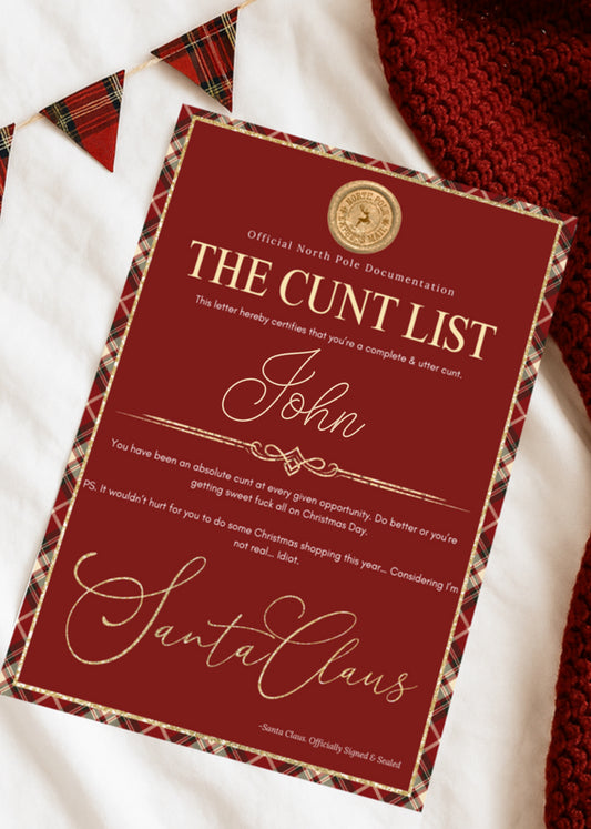 The C*nt List - A4 Personalised Santa Letter