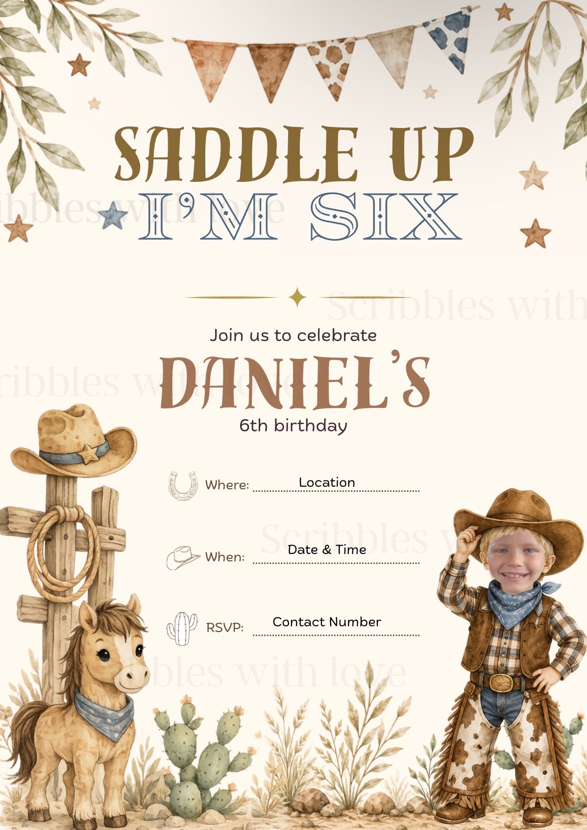 Personalised Cowboy 6th Birthday Invitations | Custom Face Upload