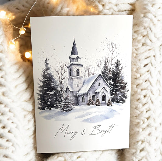 Merry & Bright Christmas Card – Winter Church Scene (Glossy 260gsm) Pack of 4