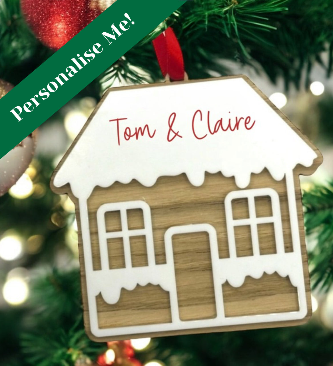 Custom Acrylic & Oak Veneer Gingerbread House Ornament – Personalised Name Decor