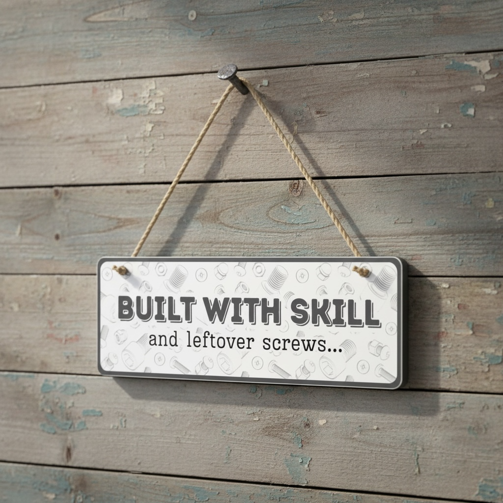 Built With Skill and Leftover Screws Hanging Garage Sign