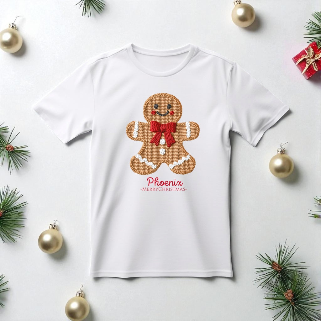 🎄 Personalised Gingerbread Christmas T-Shirt – Embroidery Effect Print 🎁