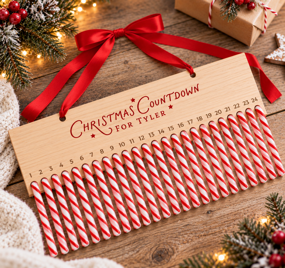 Personalised Wooden Candy Cane Christmas Countdown Calendar – Reusable Advent Calendar