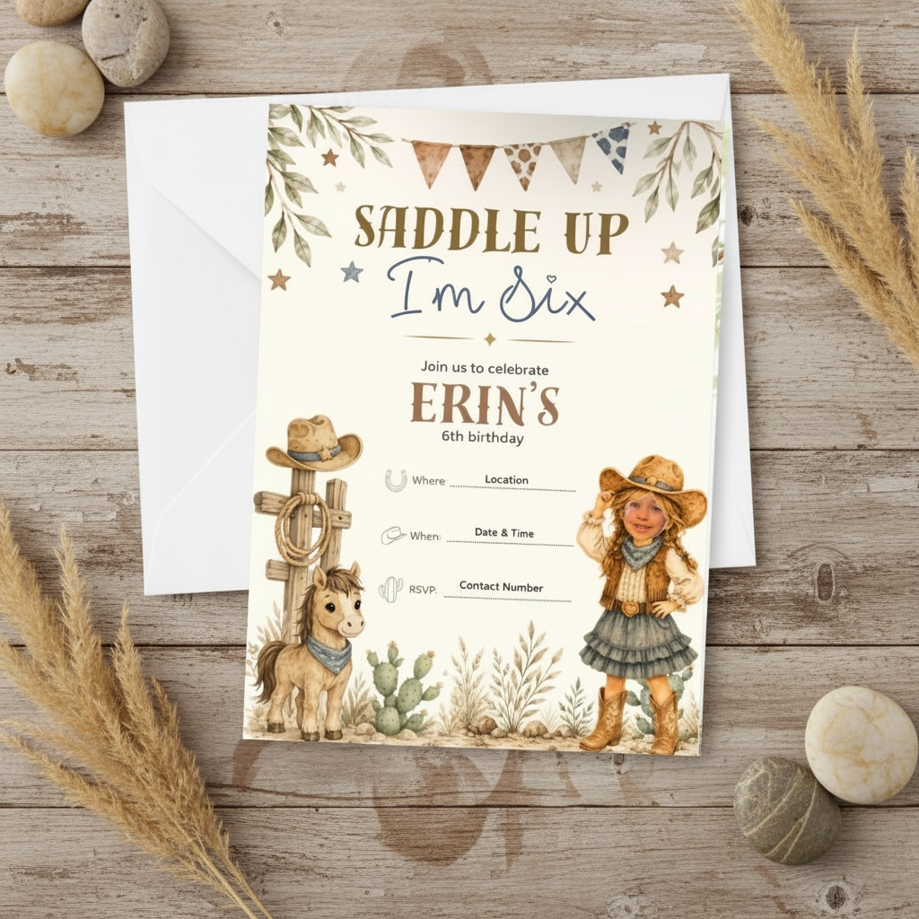Personalised Cowboy 6th Birthday Invitations | Custom Face Upload