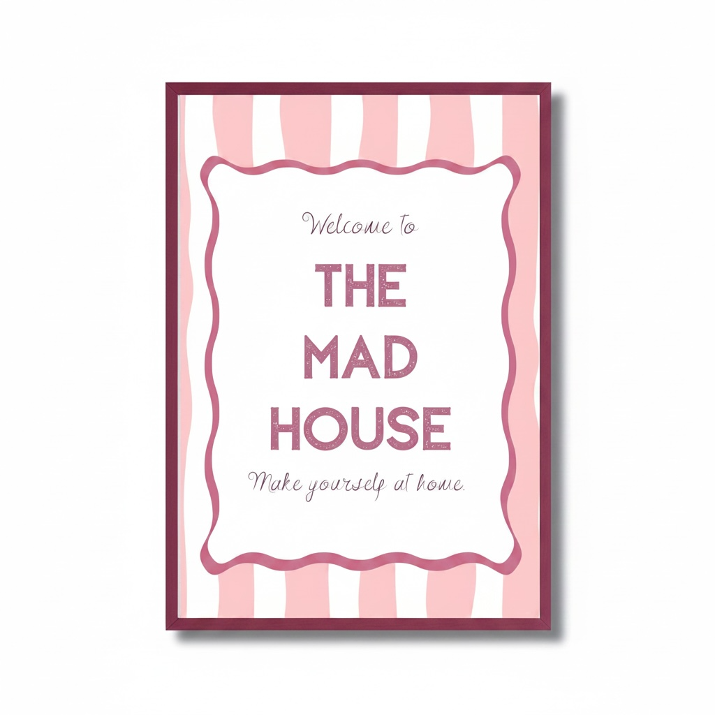 Welcome To The Mad House Wall Print | Funny Family Home Decor | Pink Coquette Wall Art