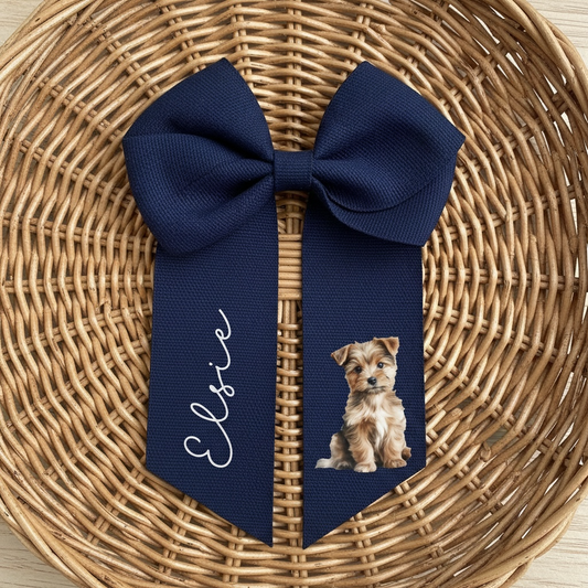 Personalised Navy hair bow - 4” with puppy design