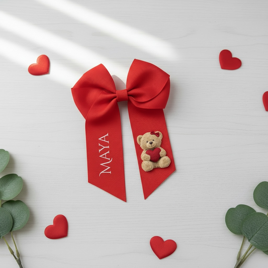 Valentines Hair Bow - 4” Red personalised bow with teddy bear