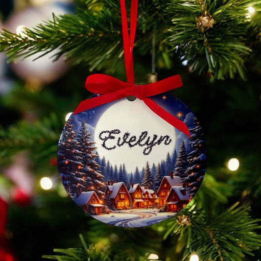 Personalised Christmas Ornament – Winter Village Scene – MDF 7.5cm