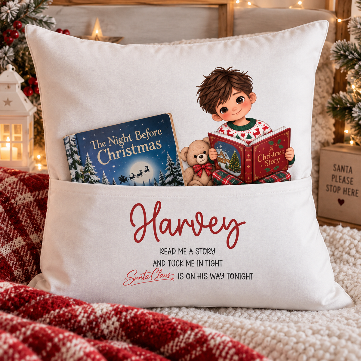 Personalised Christmas Story Book Pocket Cushion – Christmas Eve