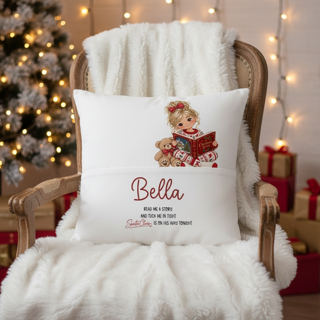 Personalised Christmas Story Book Pocket Cushion – Christmas Eve