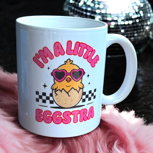 Funny chick coffee mug with heart sunglasses – I’m a little Eggstra design