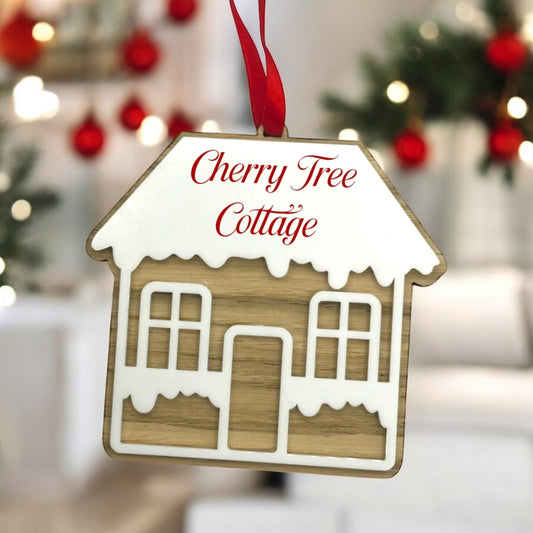 Custom Acrylic & Oak Veneer Gingerbread House Ornament – Personalised Name Decor