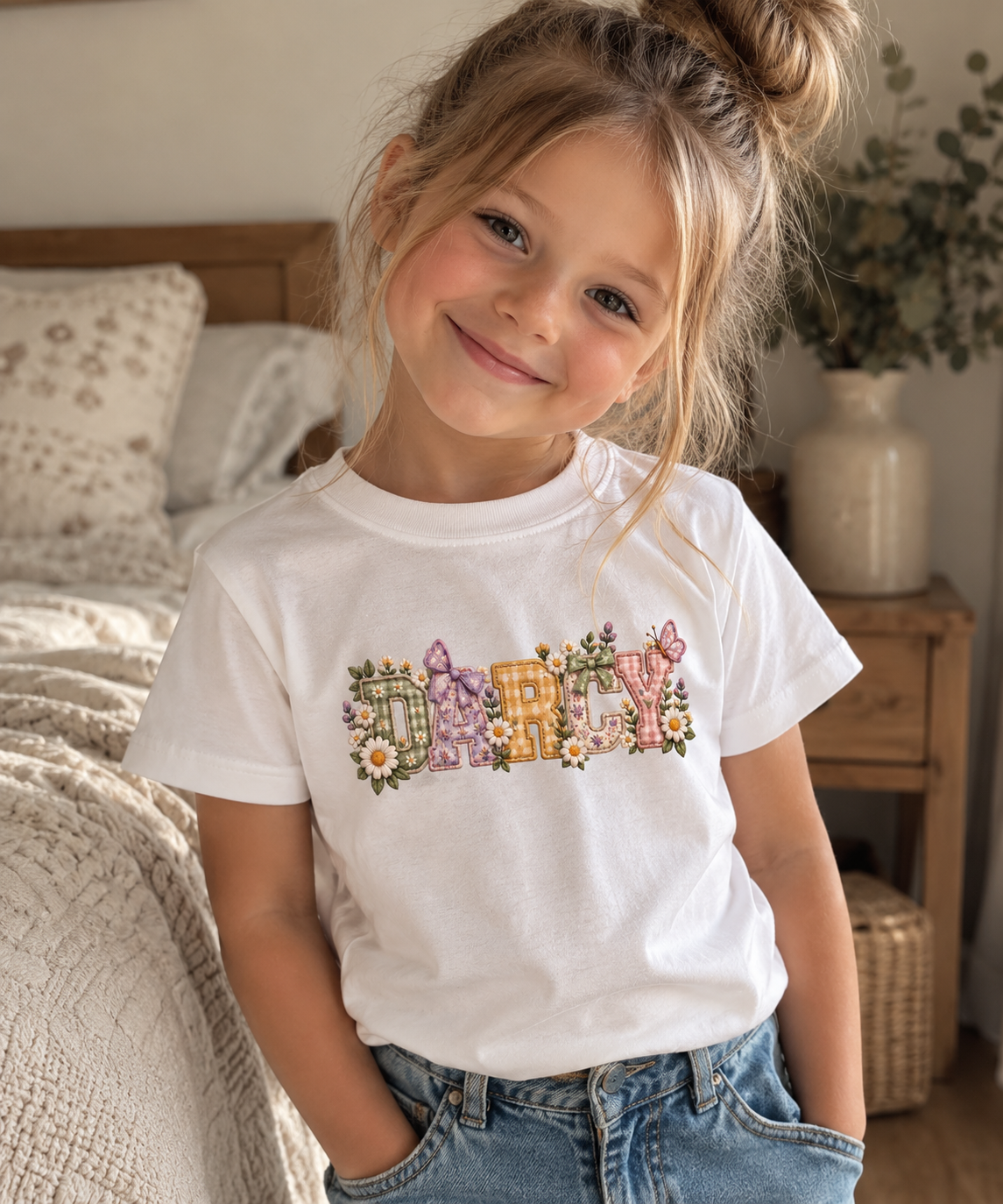Personalised Girls' Floral Name T-Shirt | Embroidery Effect
