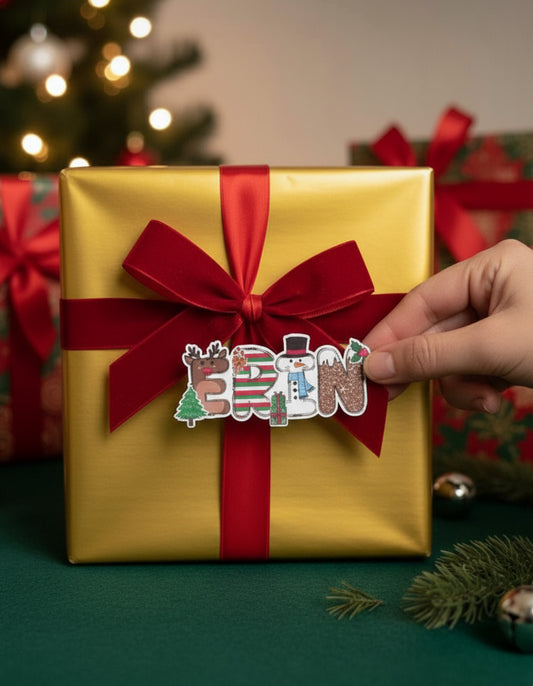 Personalised Christmas Gift Stickers – Custom Name Labels, 2 Sizes, 2 Sheets, Glossy Finish