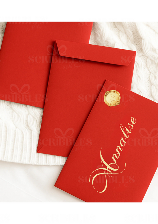 Luxury Red Personalised Envelope with Gold Name & Wax Seal Sticker  –  C4 Envelope